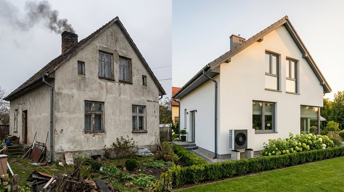 Dom przed i po termomodernizacji: stary budynek z dymem z komina oraz odnowiona elewacja z pompą ciepła